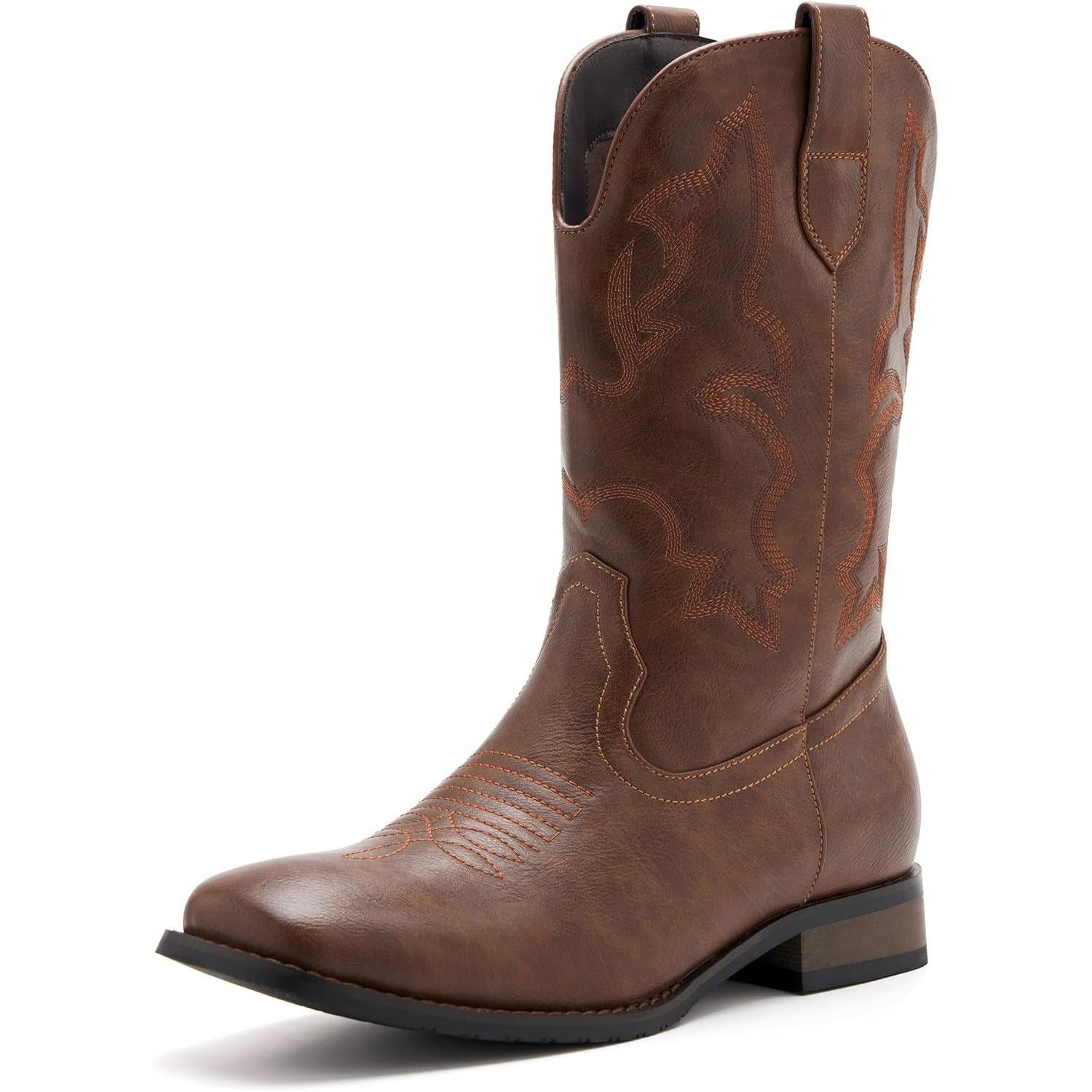 Botas vaqueras clásicas bordadas para hombre | Botas occidentales antideslizantes con punta cuadrada y tacón grueso